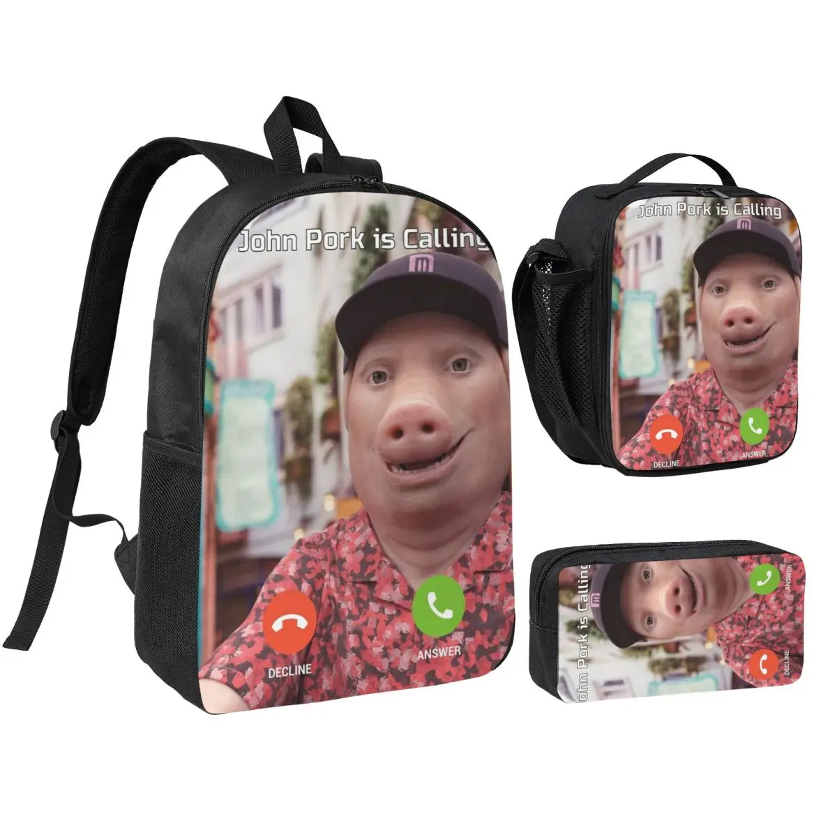 3pecs/set Funny Trending John Pork Is Calling Backpack for Student Daypack Lunch bag Pencil Case