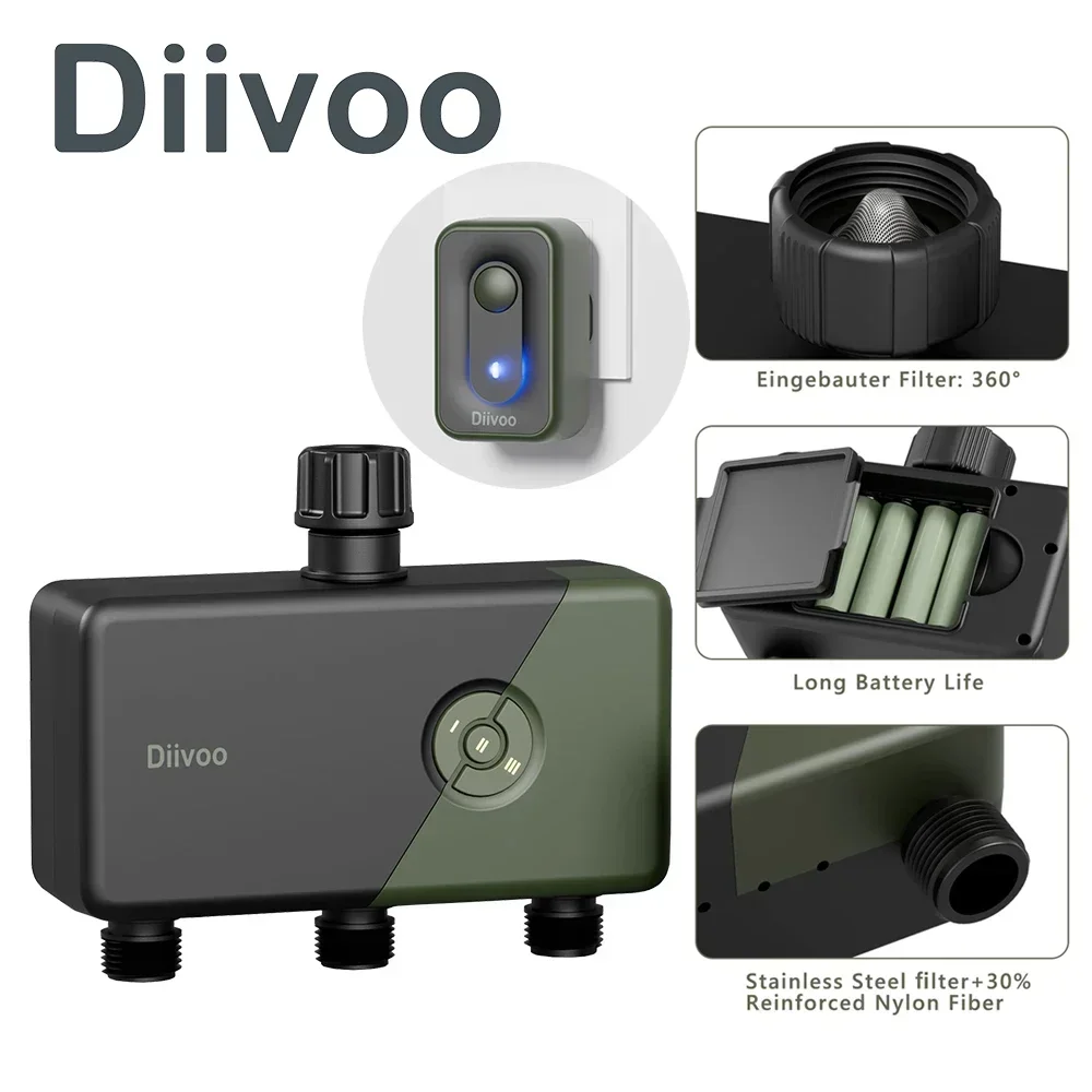 Diivoo WiFi Sprinkler Timer 2/3 Zonen mit Regenverzögerung, ferngesteuerter Gartenbewässerungstimer, kompatibel mit Alexa und Google