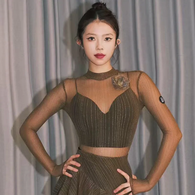 

New Sexy Fitted Latin Dance Modern Dance Costume Women's Adult Tulle Jumpsuit International Standard Performance Top Autumn