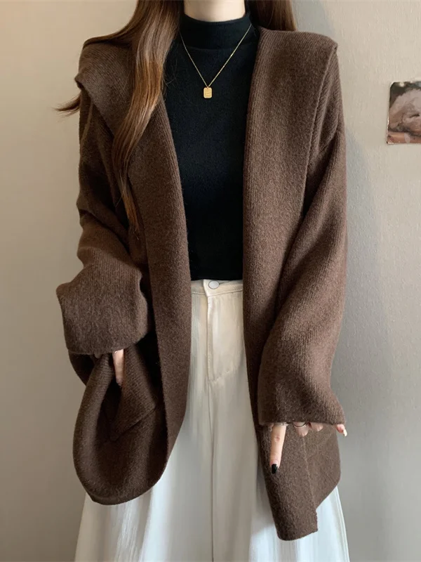 

Свободный вязаный кардиган средней длины для женщин больших размеров: повседневный, удобный, с капюшоном, дышащий, из полиэфирного волокна