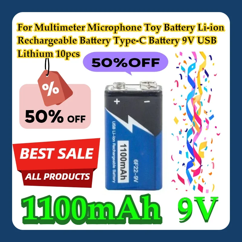 For Multimeter Microphone Toy 9V Battery 1100mAh Li-ion Rechargeable Battery Type-C Battery 9V USB Lithium 10pcs