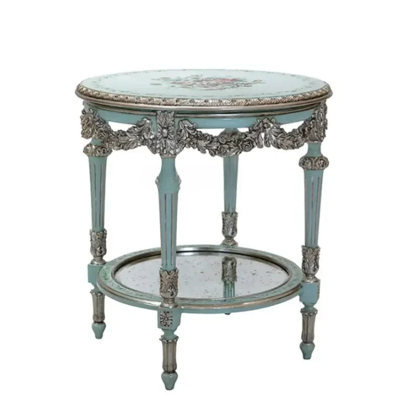 

Y yj Luxury French Heavy Industry Carved Art Painted Corner Table Retro Vintage Double Layer Sofa Side Table