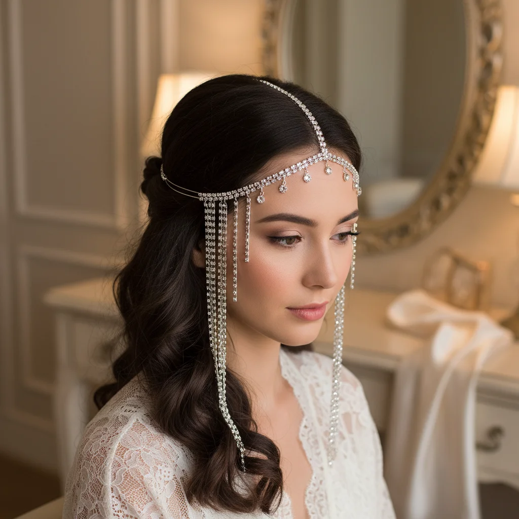 Bohemian Crystal Fringe Headpiece With Rhinestone Inlay Elegant Swaying Design For Wedding Party Bride Hair Jewelry Ornaments