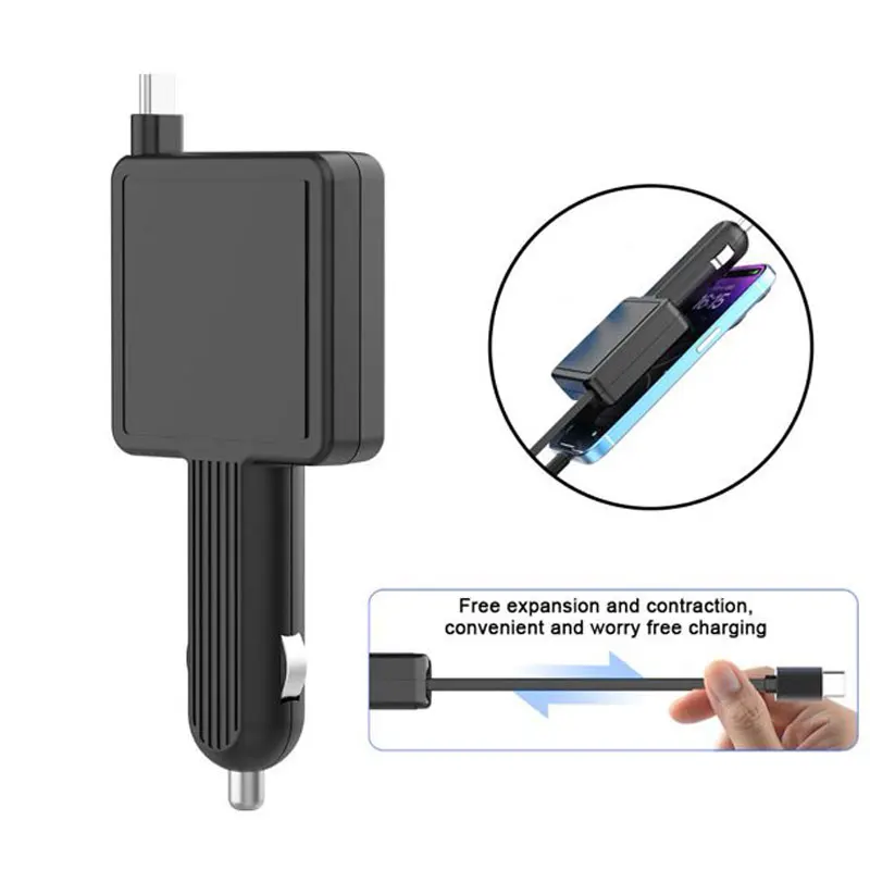Rechargeable Car Charger with 1 Extendable Type-C Cable for Phones, Tablets, and Most Type-C Compatible Devices