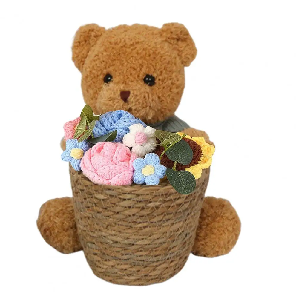 Cesta de almacenamiento de mimbre duradera, organizador de mimbre de alta calidad, cesta de flores de mimbre hecha a mano con oso de peluche para el día de la madre
