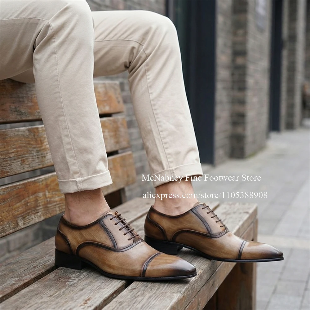

Leather Cap Toe Oxfords Brogues Pointed Toe Contrast Stitch Lace Up Men Dress Shoes for Formal Business Wedding Party Plus Size