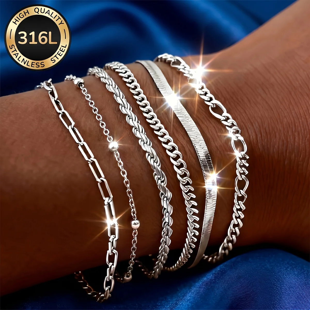 6-Piece Set of Women's 316L Stainless Steel Bracelets, Waterproof and Fade-Resistant Women's Jewelry, Fashionable and Elegant Ladies' Accessories, Perfect for Daily Wear, Parties, and Holiday Gifts