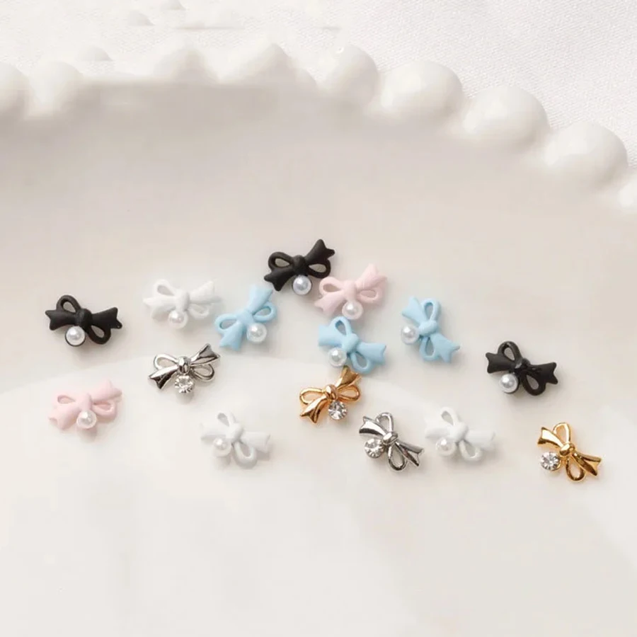 10개입 리본 네일 참 메탈 진주 리본 장식 DIY 부품 리본 골드 실버 네일 부품 라인스톤 쥬얼리 매니큐어