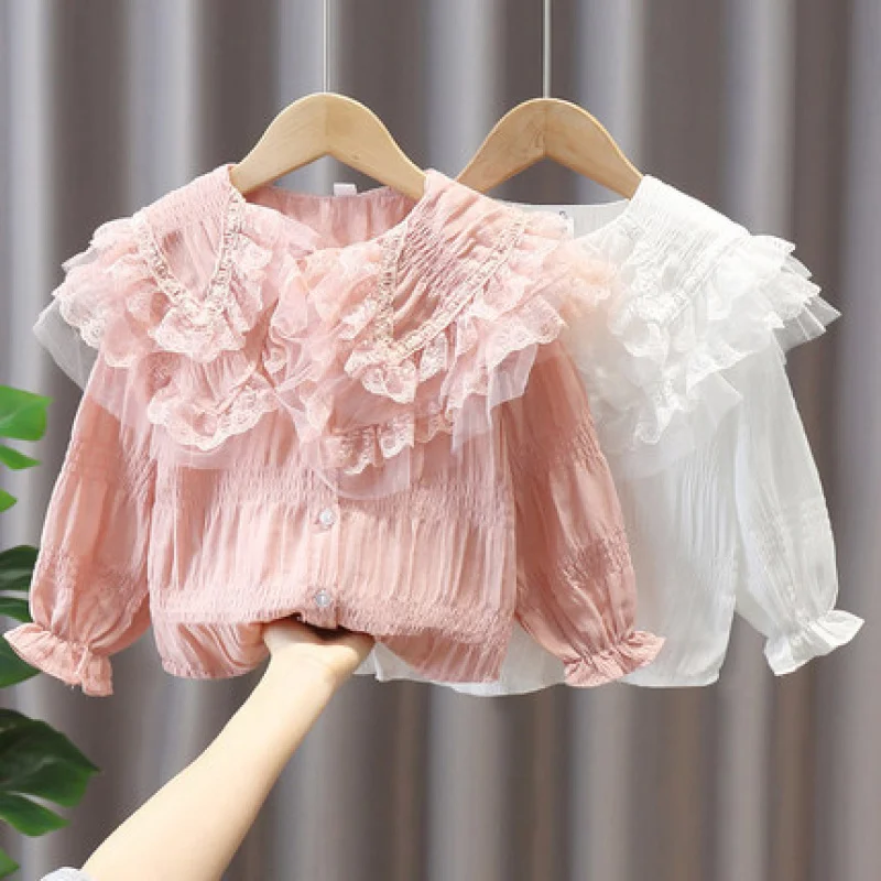 

2025Autumn New Children's Clothing Baby Girl Cute Big Lapel Lace Top Jeans Set