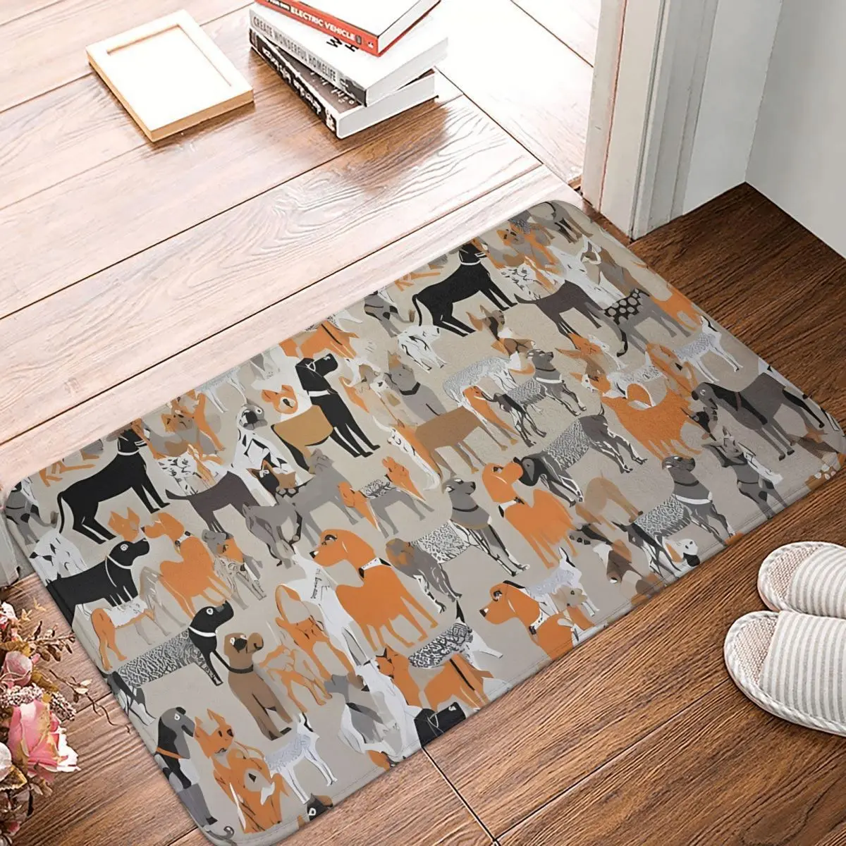 Origami Doggie Non-slip Doormat Grey Background Bath Bedroom Mat Outdoor Carpet Indoor Pattern Decor