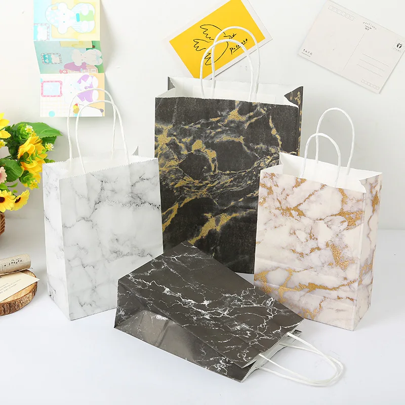 12Pcs Marble กระดาษช้อปปิ้งถุงซานตาที่มี Handle Wedding แบบพกพาโปรดปรานบรรจุภัณฑ์ขนมกระเป๋าโท้ท Baby Shower Party ตกแต่ง