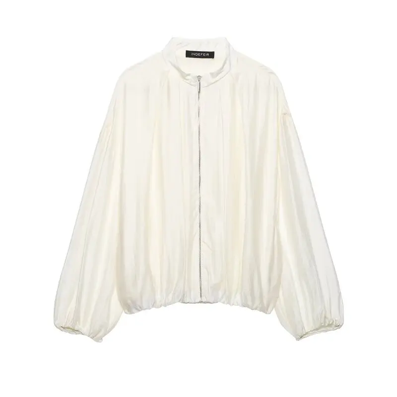 New 2026 Early Autumn Women's Long Sleeve Stand Collar Pleated Pilot Jacket Outerwear Commute Style Standard Fit Zipper Closure