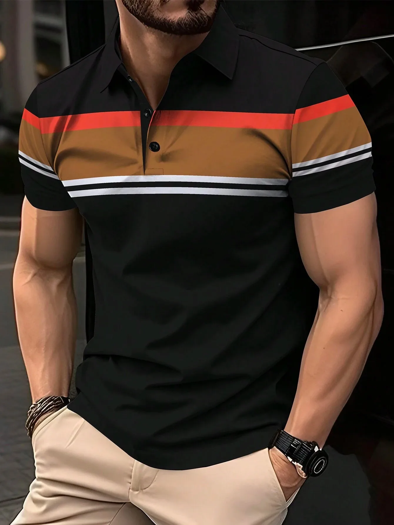 

Men's Polo Shirt Button Collar Short Sleeve Pullover New Summer Casual Sports Solid Color Striped Lapel Trend Men's T Shirt