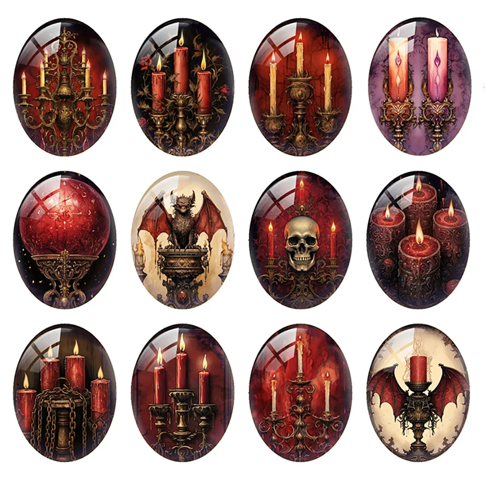 

10pcs/lot Halloween Gothic Horror Chandelier Candle Bat Skull Oval Photo Glass Cabochon Flatback Demo Cameo Diy Jewelry Making