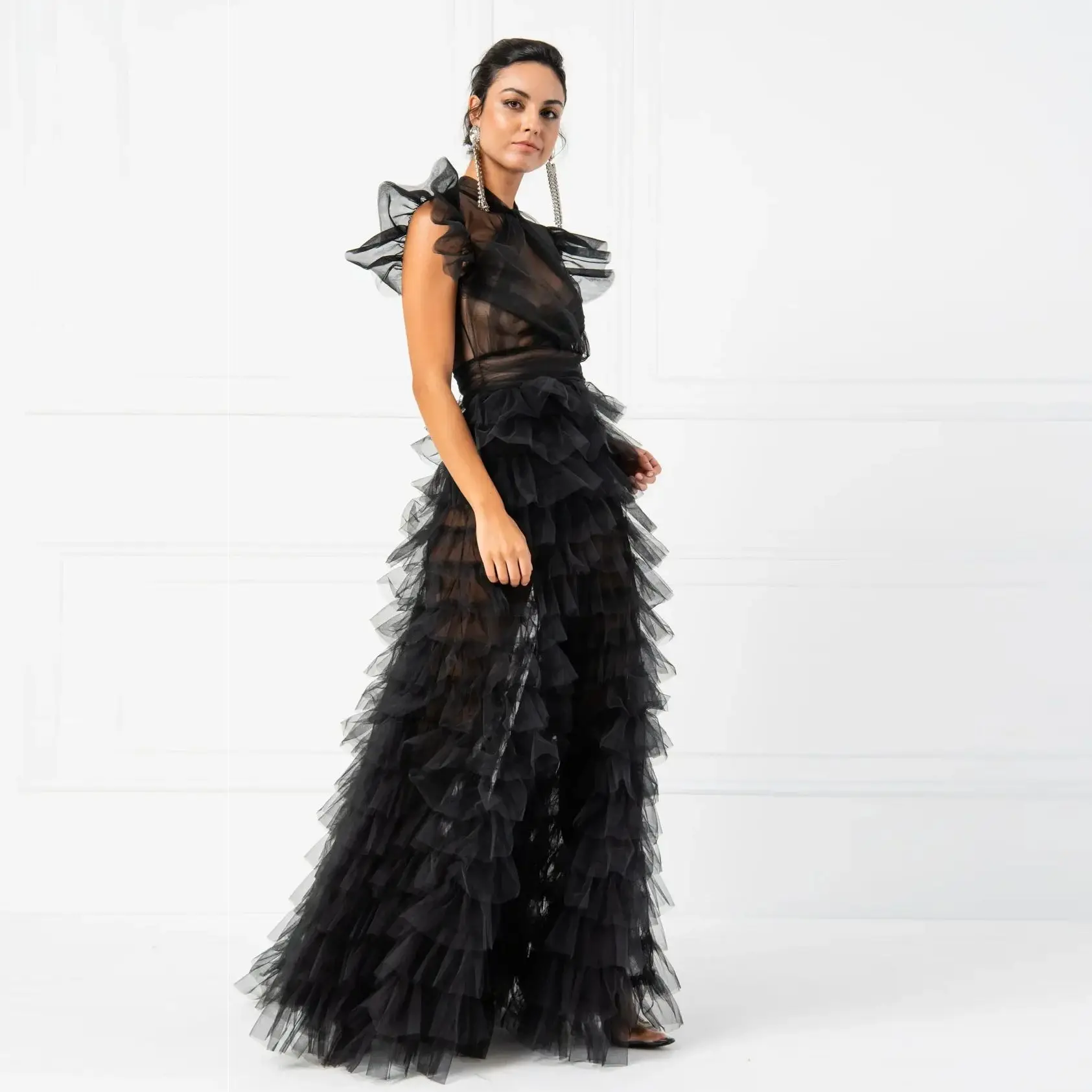 FORMALS Charming Sexy Black Illusion Tulle Maxi Dresses Women To Party Fluffy Tiered Tulle Long Robe A-line Ruffles Mesh Prom Go