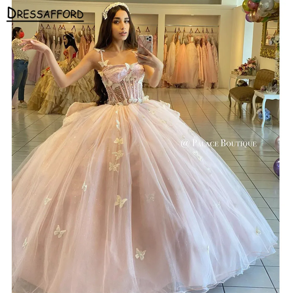 Vestidos princesa Quinceanera com apliques, vestido de baile rosa brilhante, pulseira de espaguete, vestidos de lantejoulas, 15 anos, 2023