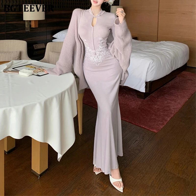 BGTEEVER Autumn Winter Vintage Ladies 2 Pieces Dress Set Oversized Knitted Cardigans & Long Sleeve Package Hip Cheongsam Dress