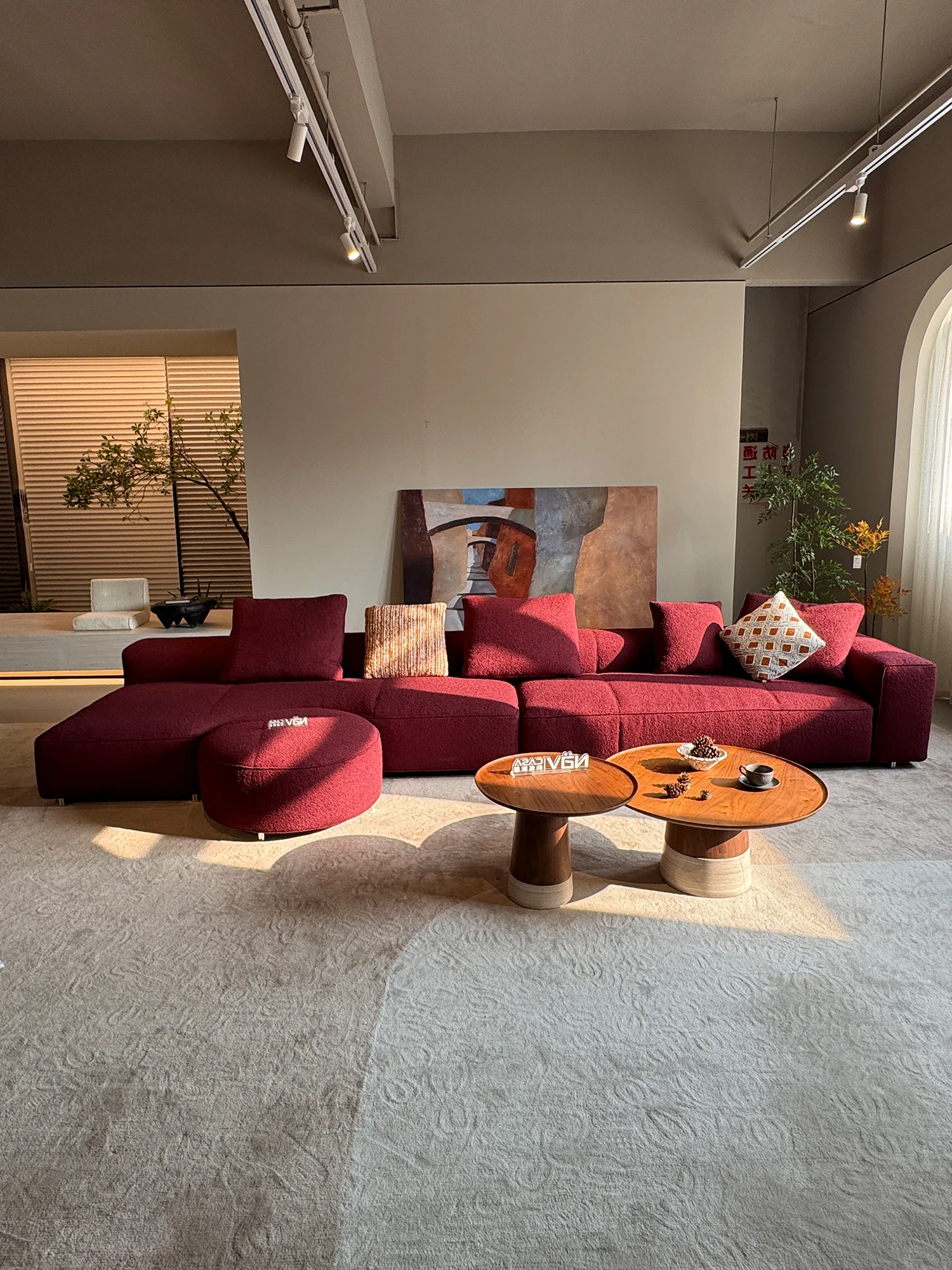 Burgundy Boucle Modular Sectional Sofa With Chaise Round Ottoman Pillow Backrest Metal Legs Deep Seat For Living Room Villa Home