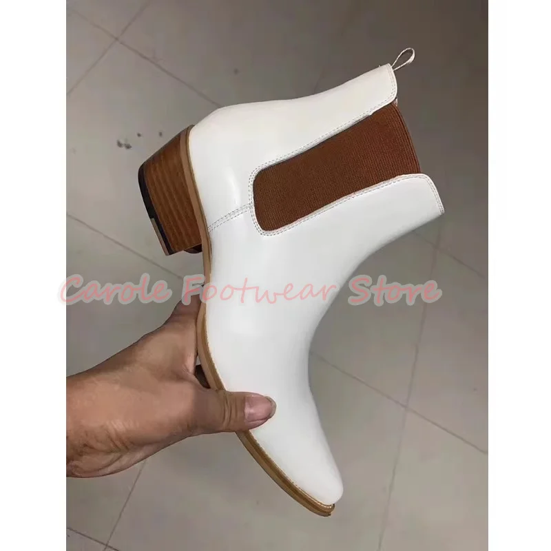 

Мужские модельные туфли для деловых вечеринок, мужские ботильоны без шнуровки из натуральной кожи в стиле ретро, модные ботинки челси на массивном каблуке с острым носком