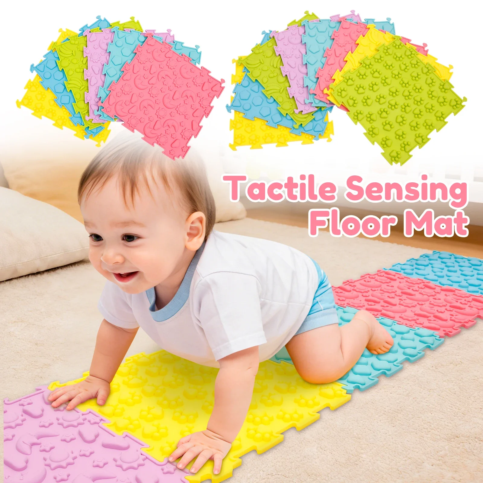 6/8Pcs Sensory Mat Silicone nterlocking Textured Puzzle Play Mat Massage Game Floor Tile Promote Kids Visual Tactile Development