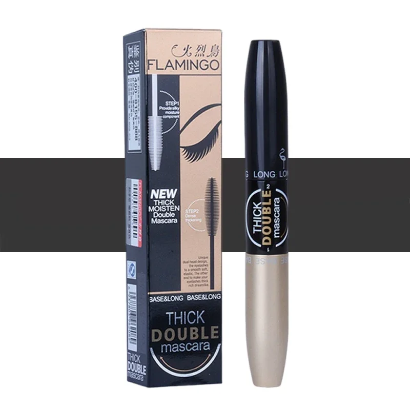 Máscara de pestañas de fibra de seda 4D 2 en 1 de doble punta Flamingo, máscara negra, volumen resistente al agua, máscara de ojos rizada de doble alargamiento