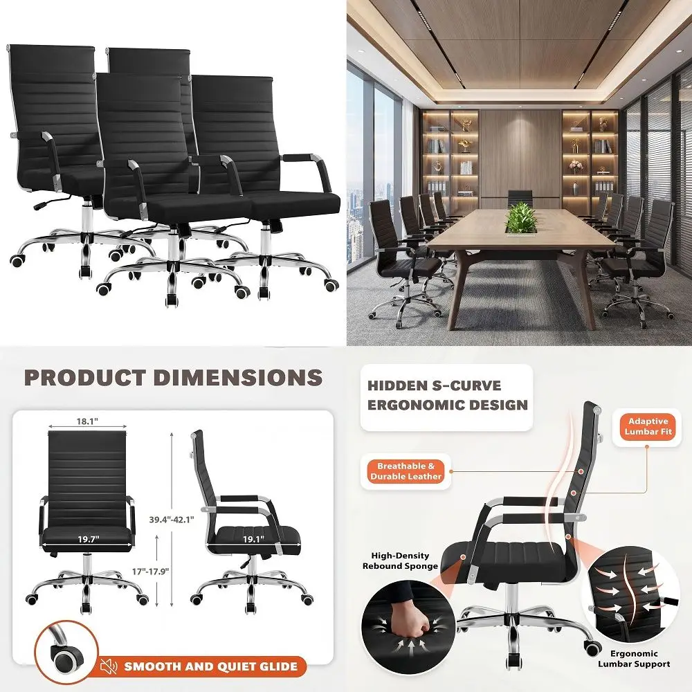 Ergonomic Office Desk Chair, Executive Ribbed MidBack PU Leather Conference Room Chair Adjustable Swivel Chair with Arms 4 pcs,