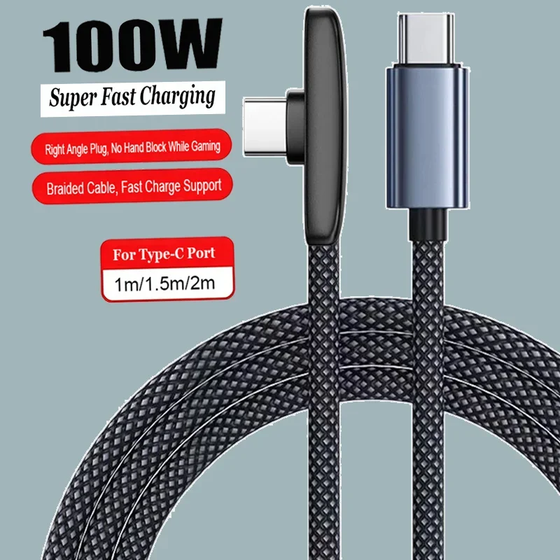 90° Elbow Braided 100W PD Charge Cable Fast Charging USB Type-C Alloy Shell High Speed Stable Data Gaming Cord For iPhone Xiaomi