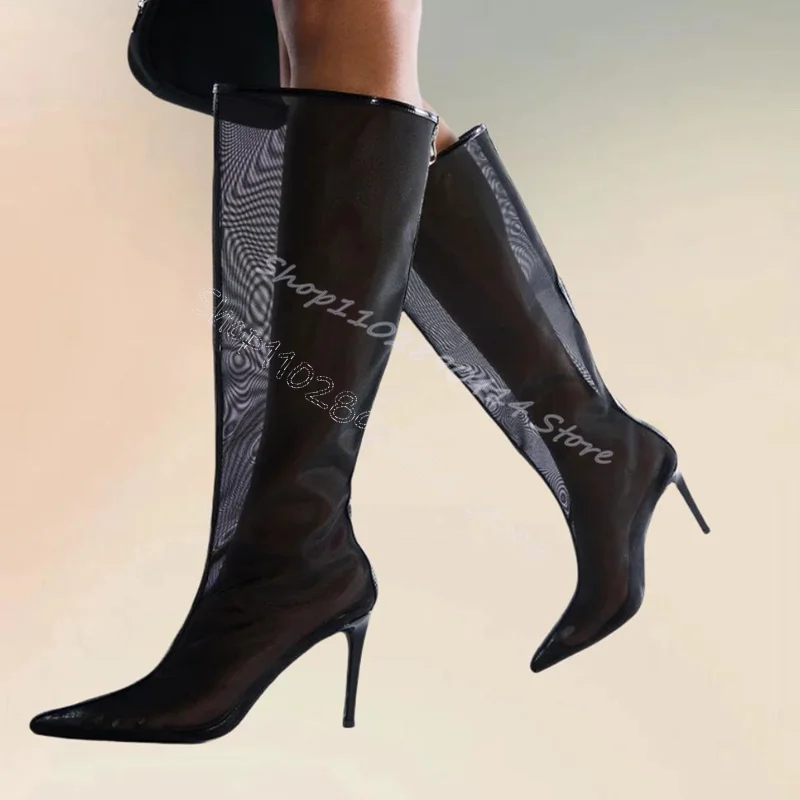 

Black Mesh Pointed Toe Knee High Boots Side Zipper Women Shoes Thin High Heels Fashion Party Banquet 2024 Zapatos Para Mujere