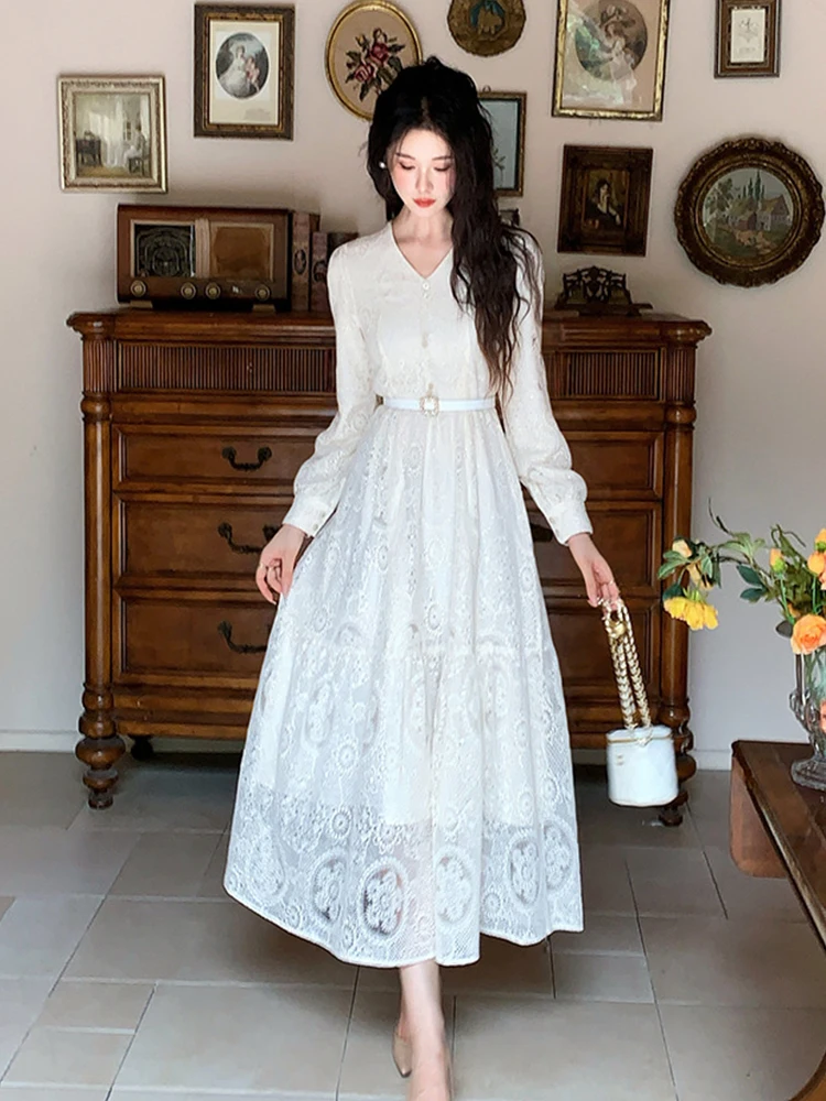 Roupas femininas doce renda flor bordado com decote em v fino a linha vestido longo elegante senhora moda vestidos robe casual outono coreano