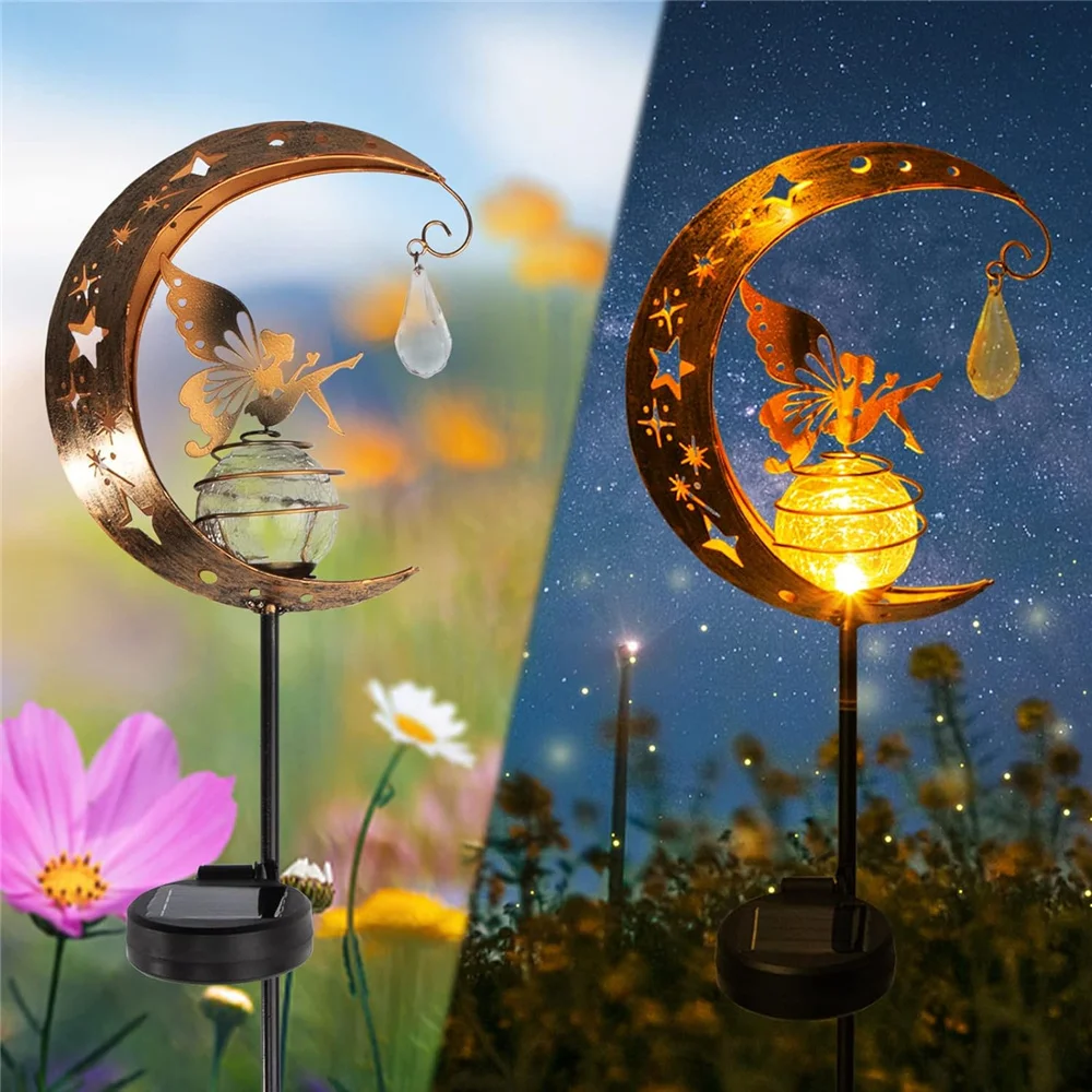 Garden Solar Light Outdoor Decorative Moon Fairy Glass Globe Angel Decor Waterproof Solar Lamp for Pathway Lawn Patio Courtyard