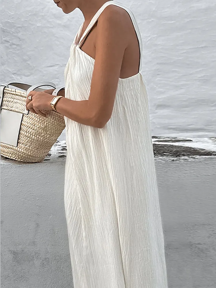 Sexy White Off Shoulder Halter Pleated Maxi Dress Fashion Sleeveless Loose Dresses Summer 2024 Ladies High Streetwear Vestidos