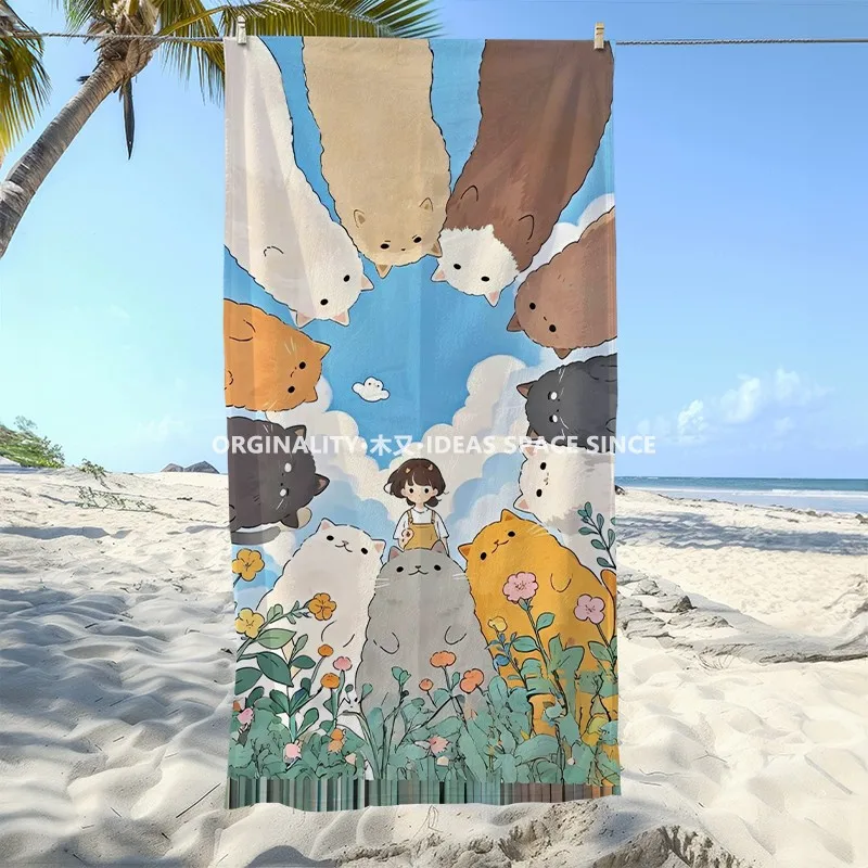 Cute Girl & Cats Beach Towel Patterned Sunscreen And Windproof Suitable For Swimming Pool Camping Travel