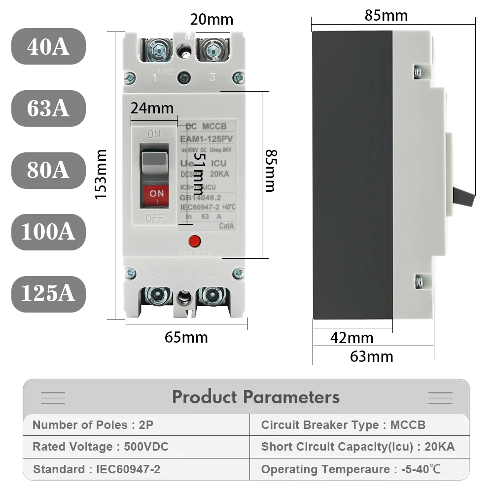 2P DC 500V DC Solar Molded Case Circuit Breaker MCCB Overload Protection Switch Protector for Solar Photovoltaic PV 100A 125A