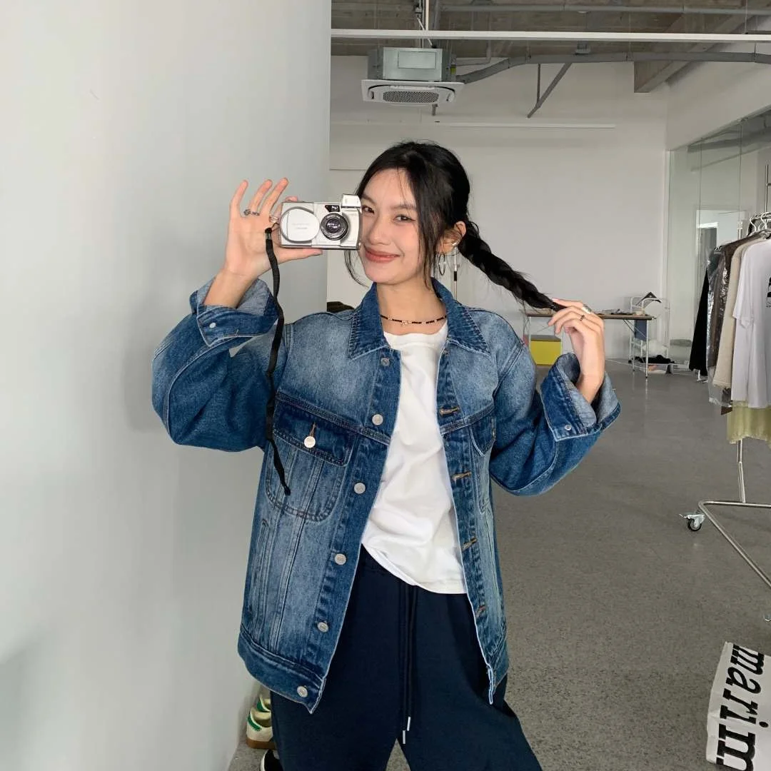 

Collar Single Breasted Gradient Blue Denim Coat Female Street Style Outerwear Women's Long Sleeves Clothes Solid Color Jacket