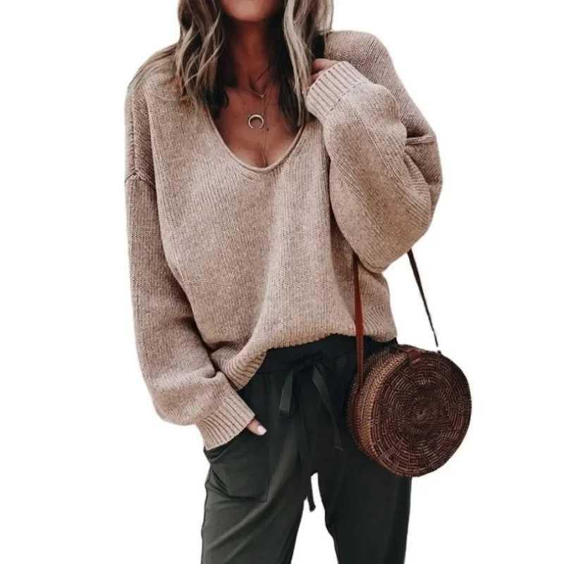 New Women's V-neck Long Sleeve Loose Sweater Autumn Winter Sweater Top Women's Fashion Solid Color Knitted Pullover Sweater