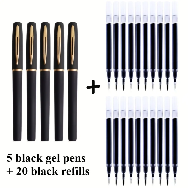 25pcs Black Gel Pens Set Includes 5 Gel Pens + 20 Refills, 1.0mm Fine Point Quick-Dry Ink Pens for Office School Business