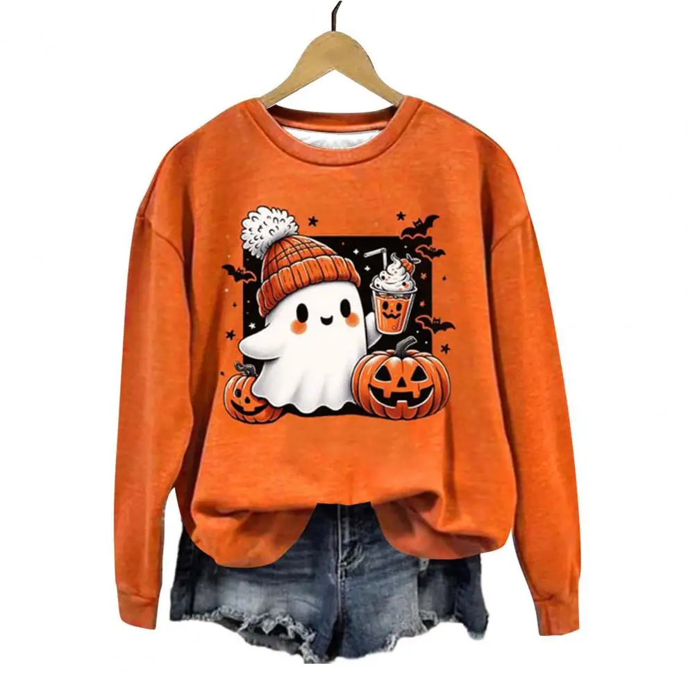 

Cartoon Ghost Sweatshirt Halloween Women's Sweatshirt with Cartoon Pumpkin Bat Ghost Print Crew Neck Long Sleeves for Wear