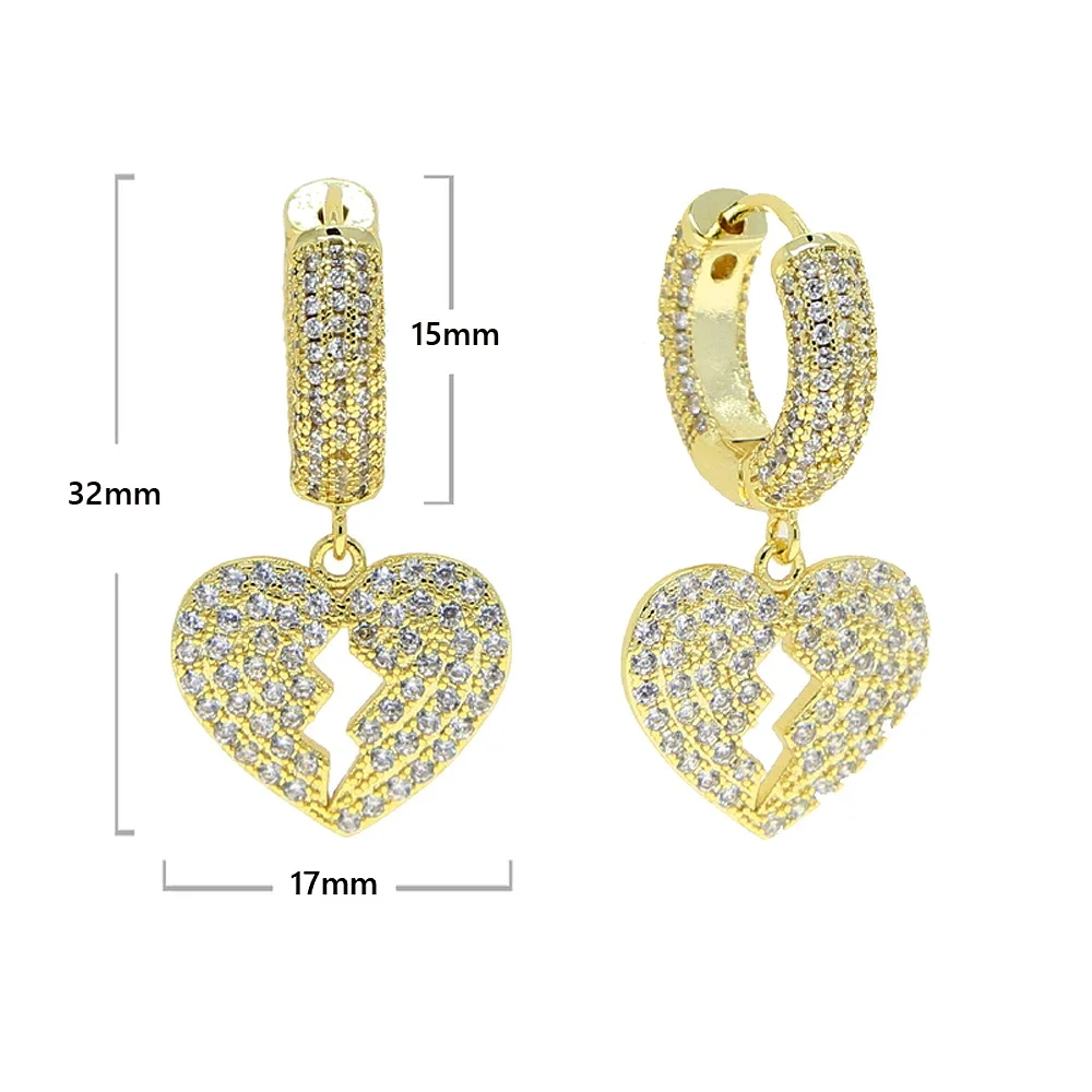 Iced Out Bling Hip Hop Boy Women Men Jewelry Micro Pave Clear Cz 5A Cubic Zirconia Heart Charm Hoop Earring For Punk Jewelry
