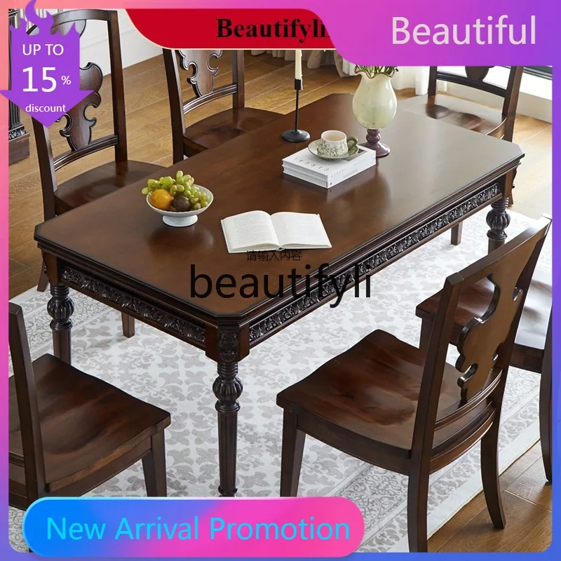 KK80 American pure solid wood dining table and chair combination carved all log rectangular villa home dining table