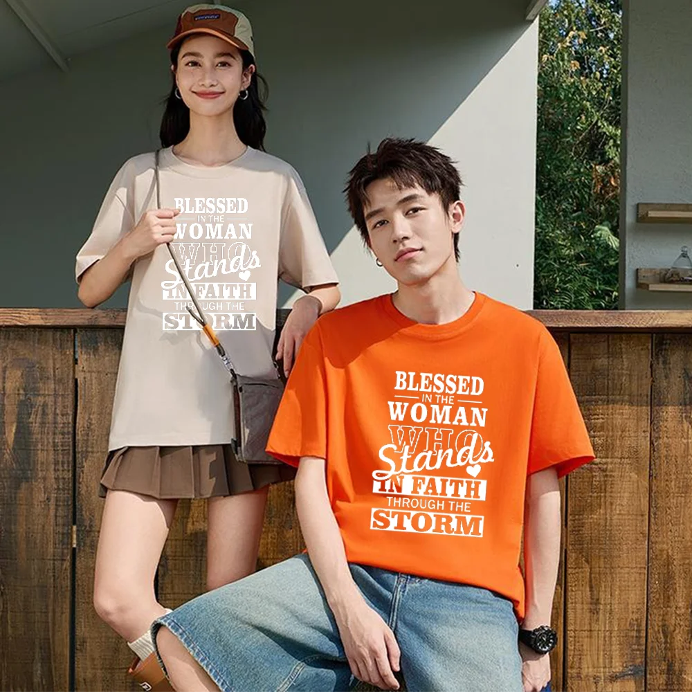 Blessed In The Woman Who Stands In Faith Through The Storm Quote Letter Tee Printed T Shirt Breathable Fabric Unisex Fit Persona