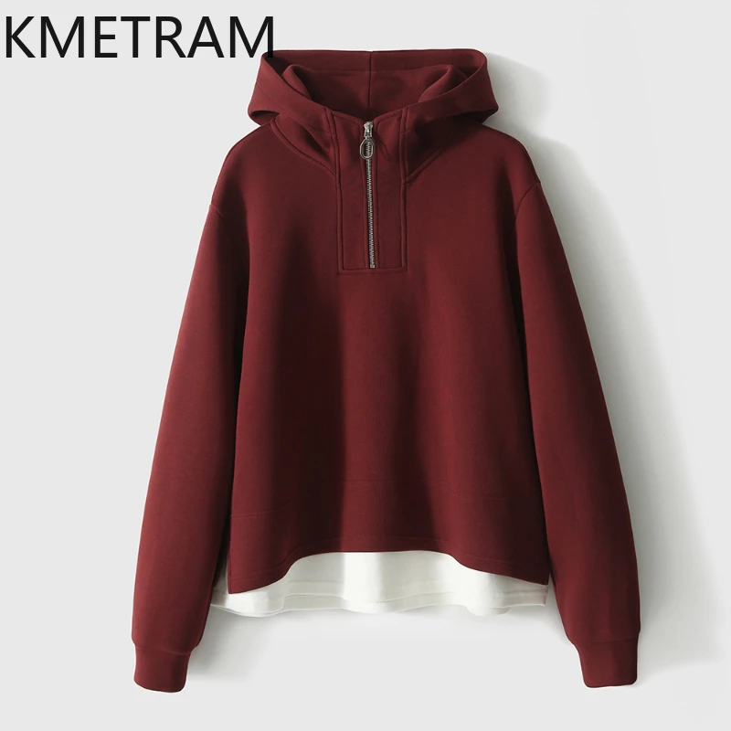 KMETRAM Cotton Faux Layered Hoodies New in Outerwear 2024 All Match Hooded Sweatshirts Fall Clothes Women Sudaderas De Mujer