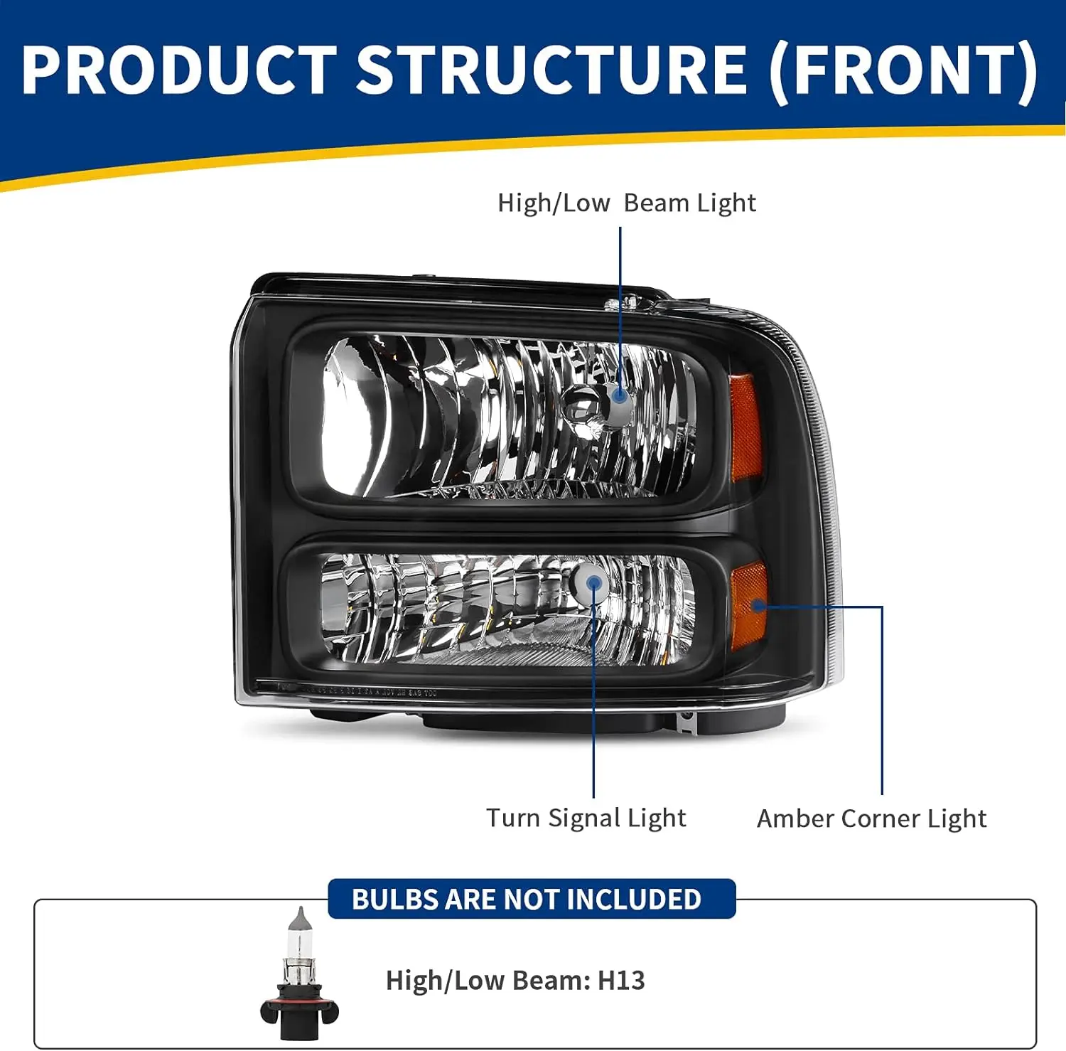 For 2005 2006 2007 Ford F250 F350 F450 F550 Super Duty/05 Ford Excursion Headlight Assembly OE Projector Headlamp Black Housing