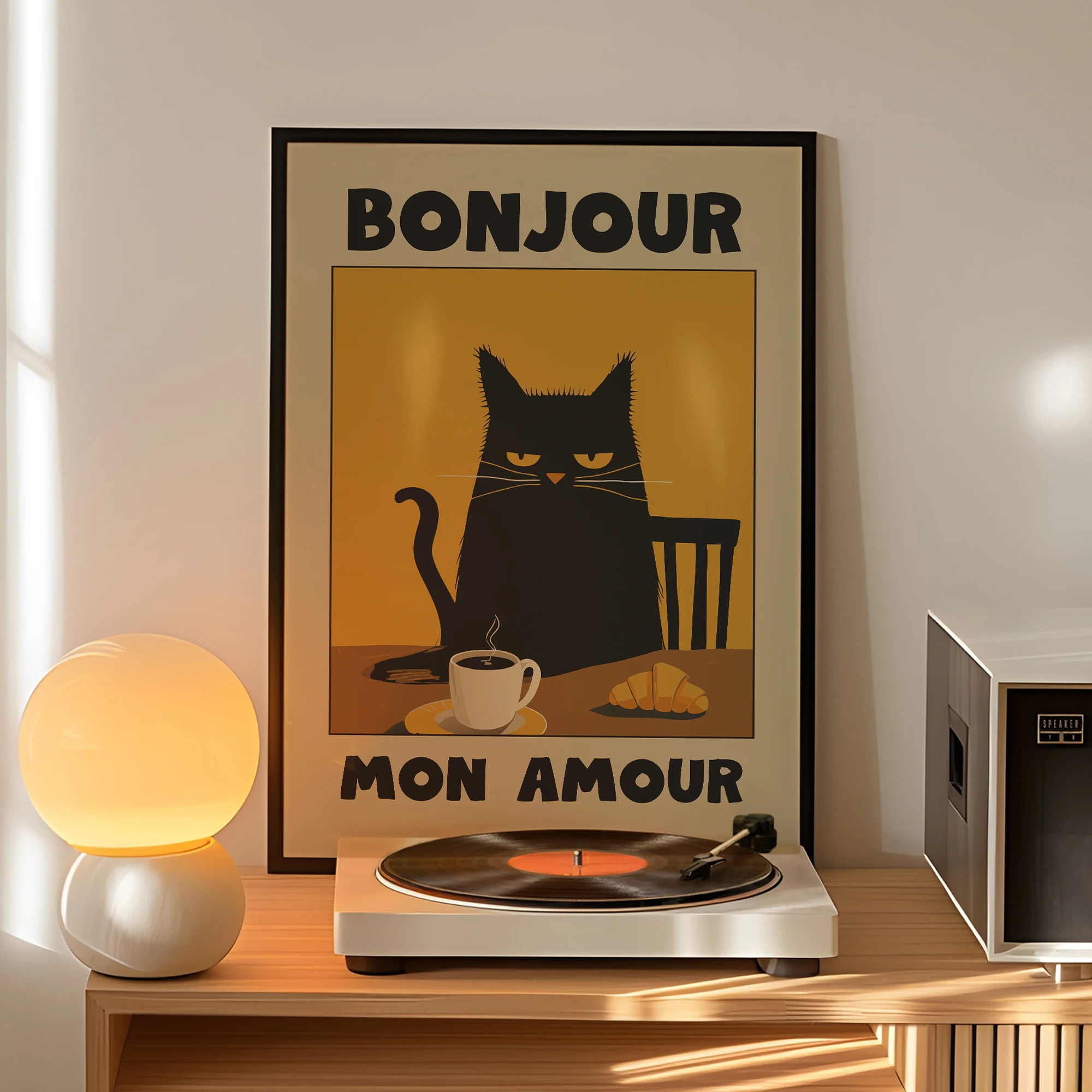 Black Cat Breakfast Vintage Warme Töne Wandkunstdrucke Leinwandgemälde Poster Bild für Wohnzimmer Schlafzimmer Esszimmer Home Dec