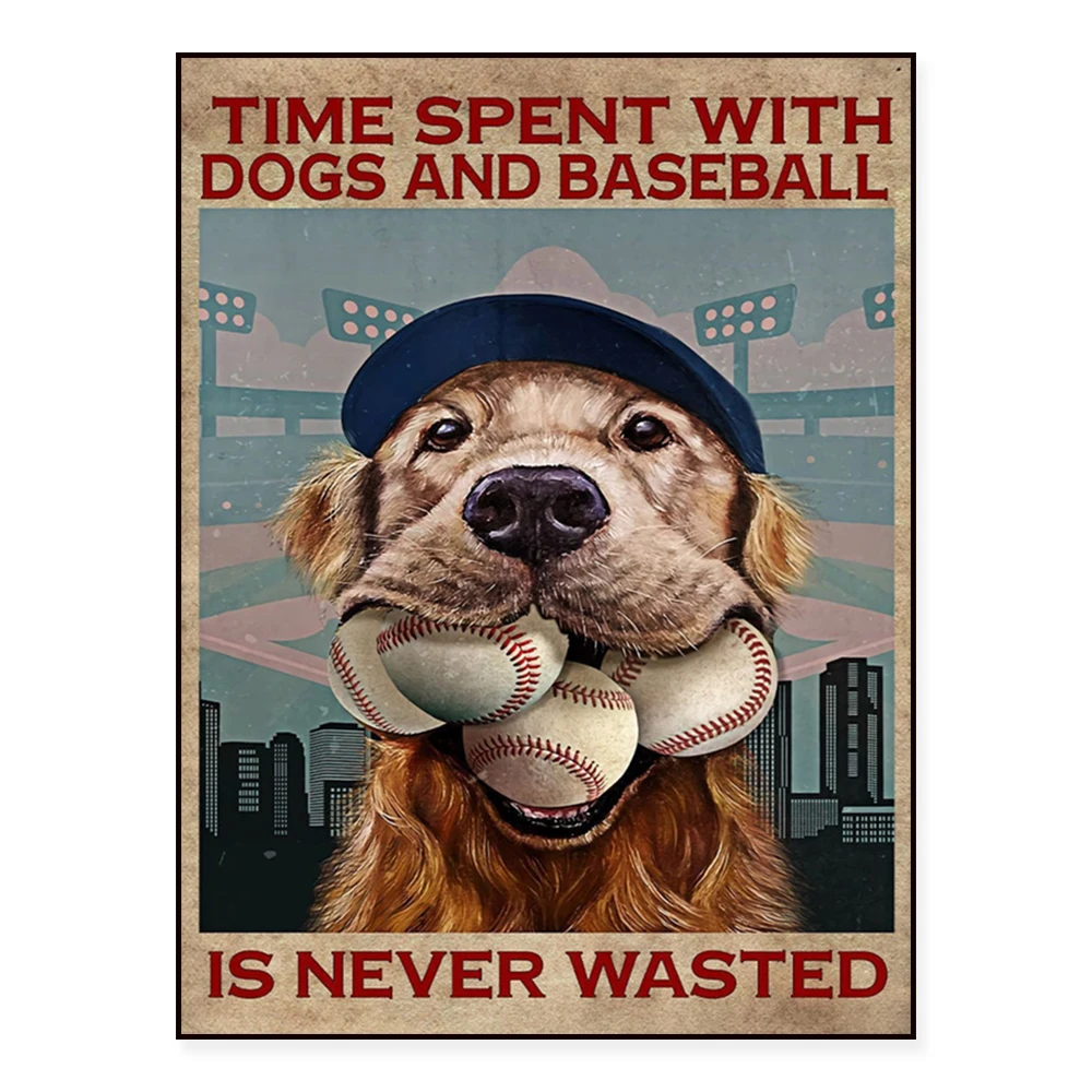 Time spent with dogs and baseball is never wasted poster, Father's Day Gift, Love Dog Poster, Golden Dog Print, Baseball Lovers