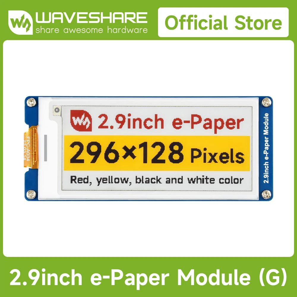Waveshare 2.9inch E-Paper Display (G), E-ink Display for Raspberry Pi/ESP32/Arduino, 296x128, Red/Yellow/Black/White, SPI