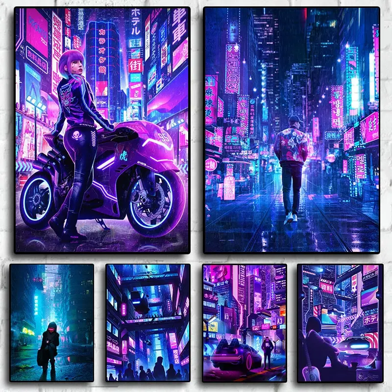 Neon Cyberpunk Dream Future City Poster Aesthetic Wall Art Anime Girl Car Canvas Print Home Decor Kawaii Gaming Room Decoration