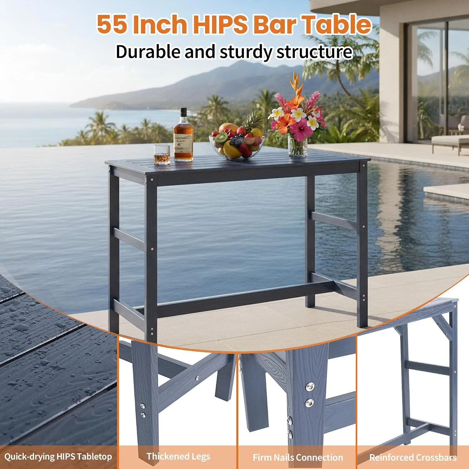 Outdoor Patio Bar Set All Weather HIPS Bar Table Chairs Set 55 Inch Wide Rectangular 4 Bar Stools Poolside Balcony Deck Blue 5 P