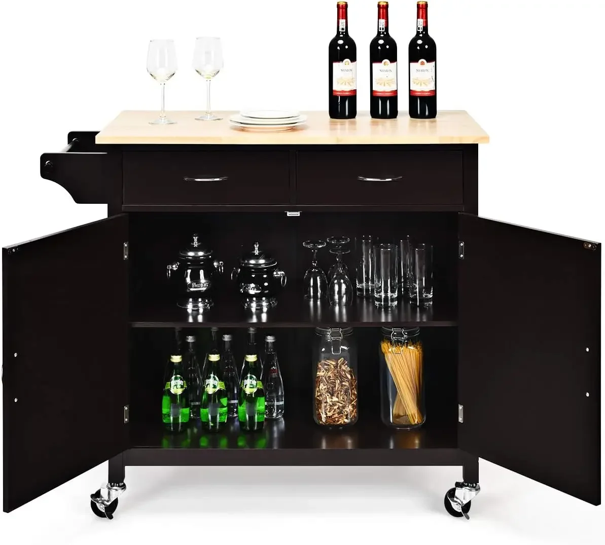 Rolling Kitchen Trolley Cart Wood Counter Storage Cabinet Drawers Towel Rack Island Organizer Dining Room Bar Furniture Dark Bro