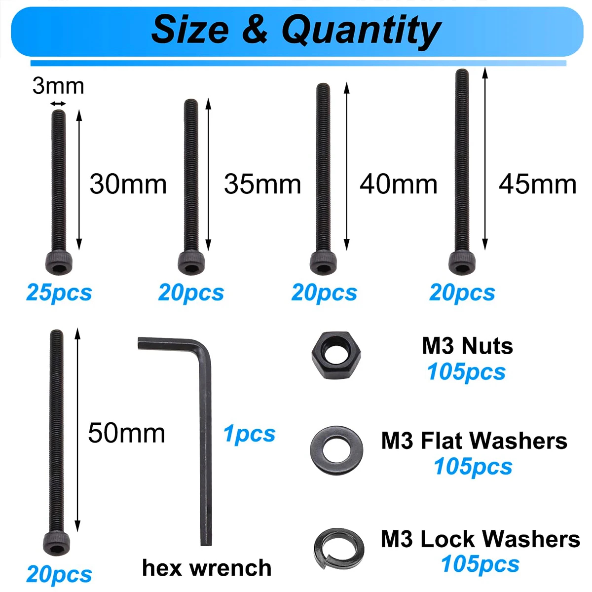 420PCS Black M3 Hex Allen Socket Screws, M3 x 30/35/40/45/50mm Metric Screw Bolt Nut Washer Combo Kit, Grade 12.9 Alloy Steel