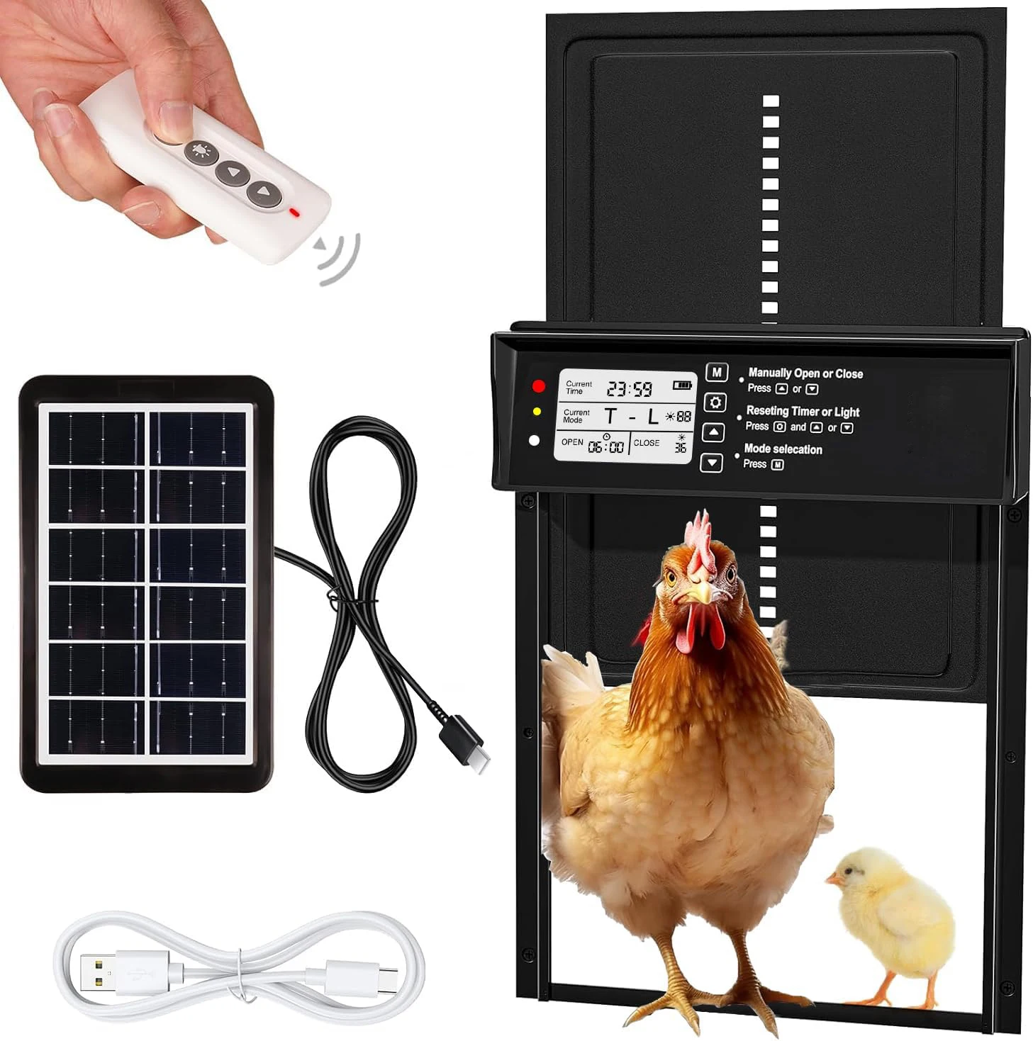 

Automatic Chicken Coop Door Solar Powered, Chicken Door with Timer & Light Sensor 2000mAh, Aluminum Alloy Chicken Door wi